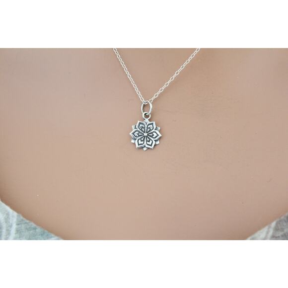 Sterling Silver Flower Charm Necklace, Silver Flower Charm Necklace - Picture 3 of 3